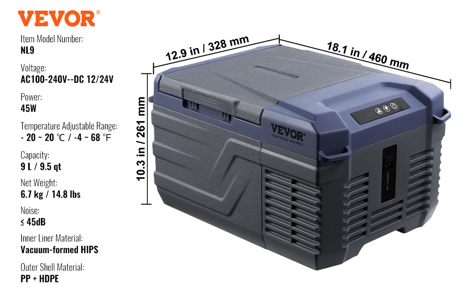 VEVOR portable car refrigerator, model nl9, 9l capacity, 45w, temperature range -20 to 20°c, dc 12/24v.