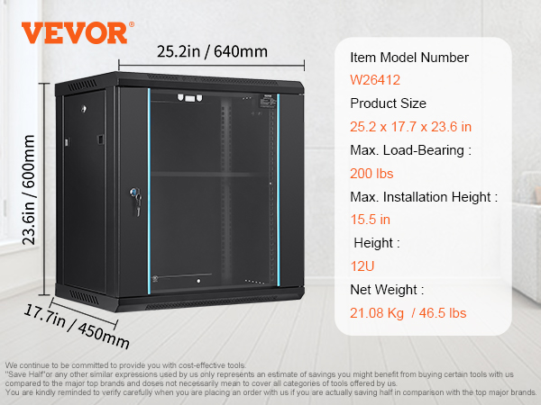 VEVOR network server cabinet w26412 dimensions and specifications, weighing 46.5 lbs, holding 200 lbs.