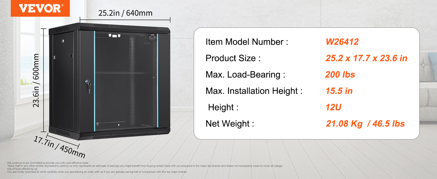 VEVOR network server cabinet w26412 dimensions and specifications, weighing 46.5 lbs, holding 200 lbs.