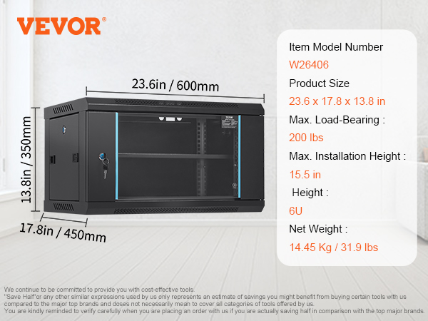 VEVOR wall mount server cabinet w26406, 23.6 x 17.8 x 13.8 in, 200 lbs load, 6u, 15.5 in height.