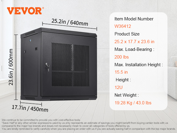 VEVOR 12u wall mount server cabinet with 200 lbs max load, dimensions of 25.2"x17.7"x23.6".