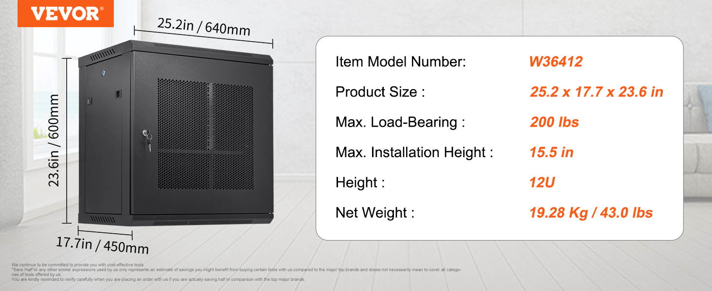 VEVOR 12u wall mount server cabinet with 200 lbs max load, dimensions of 25.2"x17.7"x23.6".