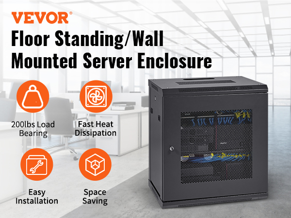 VEVOR 12u wall mount server cabinet in modern office with features: load bearing, heat dissipation, easy installation, space saving.