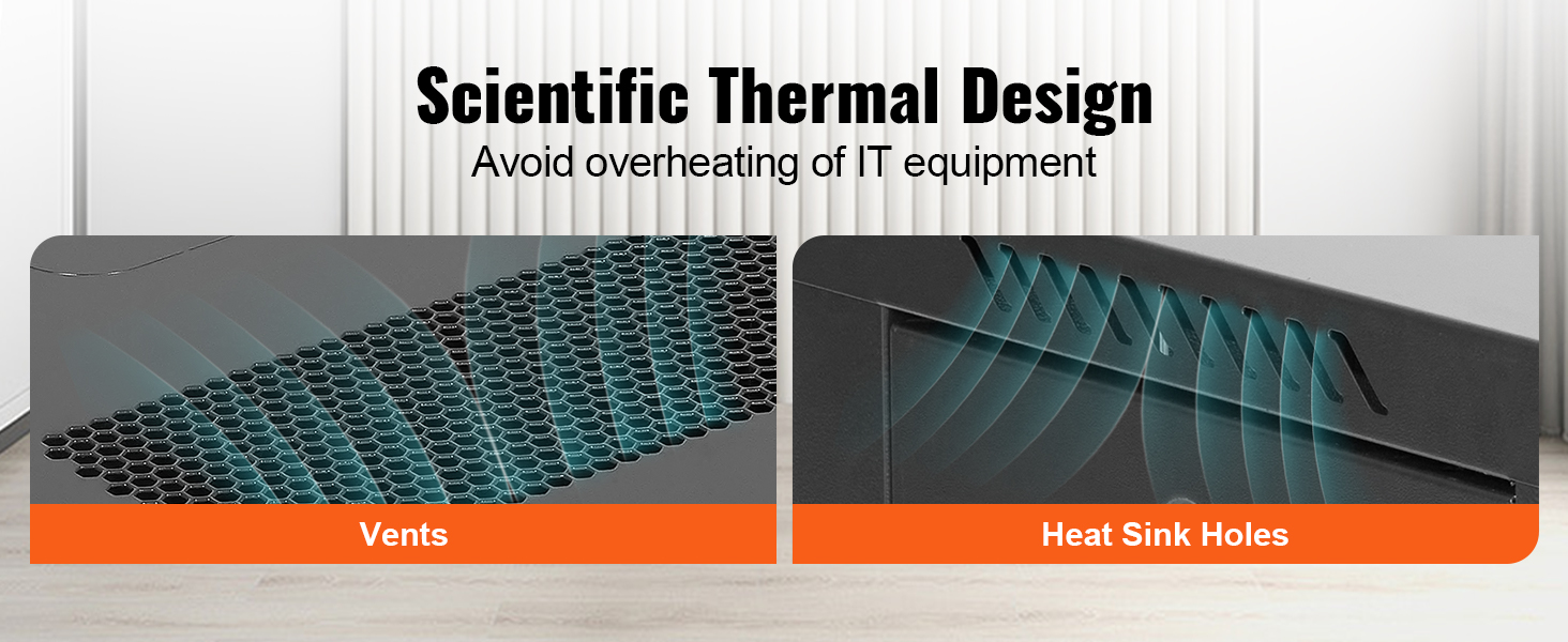 VEVOR 12u wall mount server cabinet with vents and heat sink holes for thermal management.