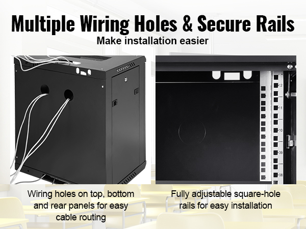 multiple wiring holes and secure rails in the VEVOR 12u wall mount server cabinet for easy installation.