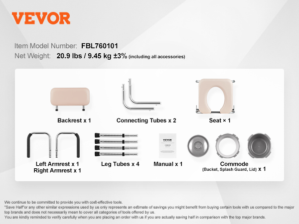 VEVOR commode chair with adjustable height, armrests, backrest, seat, leg tubes, and commode accessories.