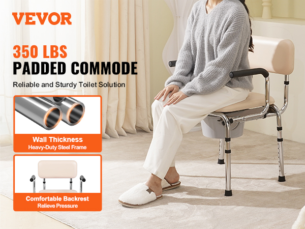 VEVOR commode chair with padded seat, heavy-duty steel frame, and comfortable backrest.