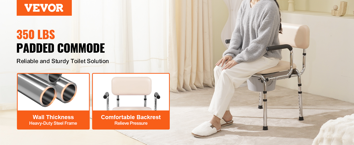 VEVOR commode chair with padded seat, heavy-duty steel frame, and comfortable backrest.