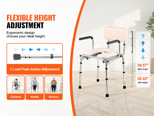 VEVOR commode chair with flexible height adjustment, ergonomic design, and 5-level push-button settings.