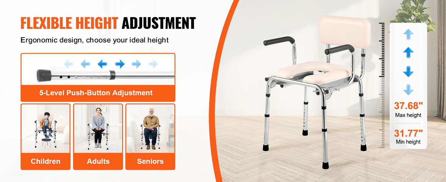 VEVOR commode chair with flexible height adjustment, ergonomic design, and 5-level push-button settings.