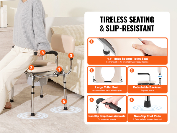 VEVOR commode chair with a thick sponge toilet seat, non-slip foot pads, drop-down armrests, and detachable backrest.
