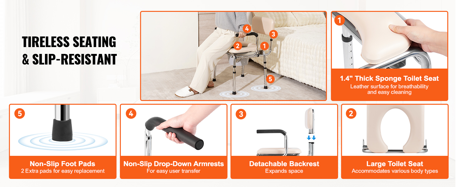 VEVOR commode chair with a thick sponge toilet seat, non-slip foot pads, drop-down armrests, and detachable backrest.