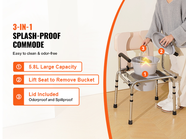 3-in-1 VEVOR commode chair with 5.8l capacity, lift seat, and odorproof lid; easy to clean.