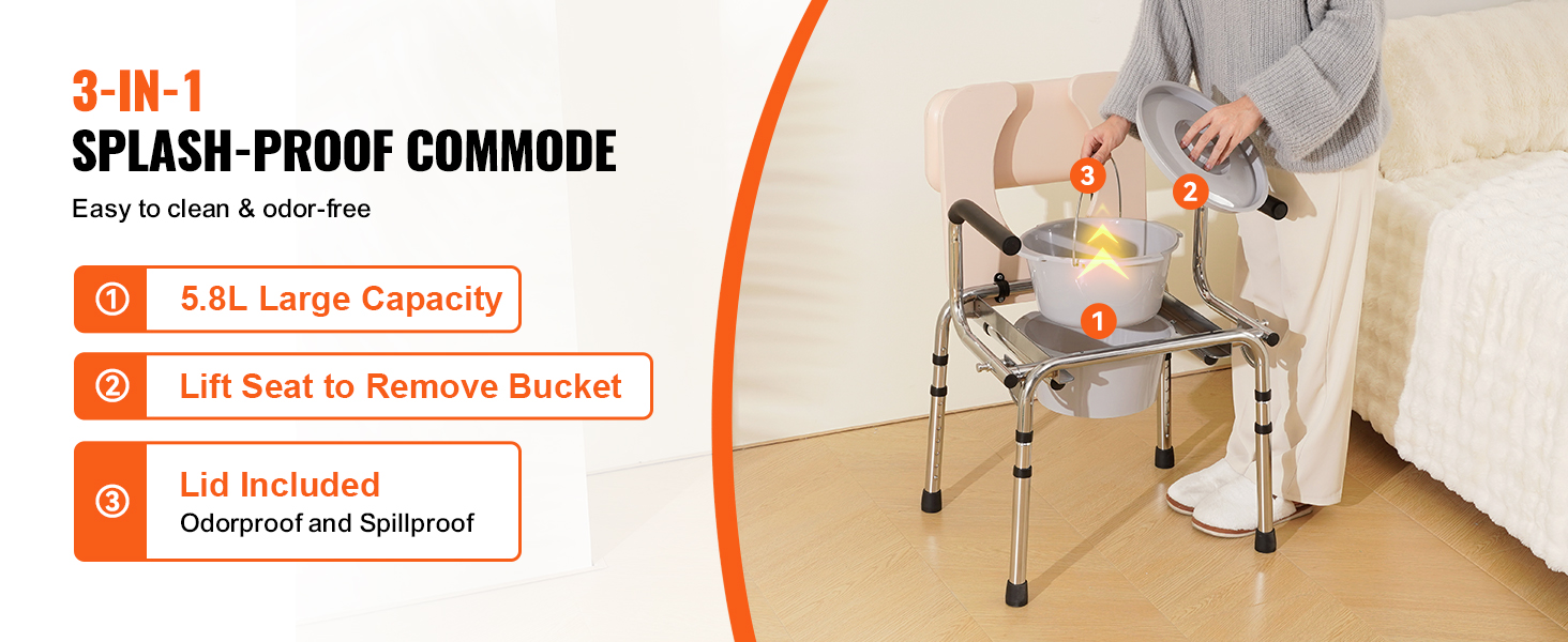 3-in-1 VEVOR commode chair with 5.8l capacity, lift seat, and odorproof lid; easy to clean.
