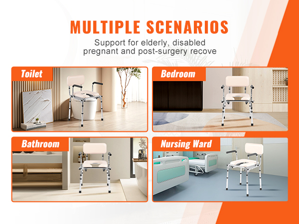 multiple scenarios show VEVOR commode chair use in toilet, bathroom, bedroom, and nursing ward.