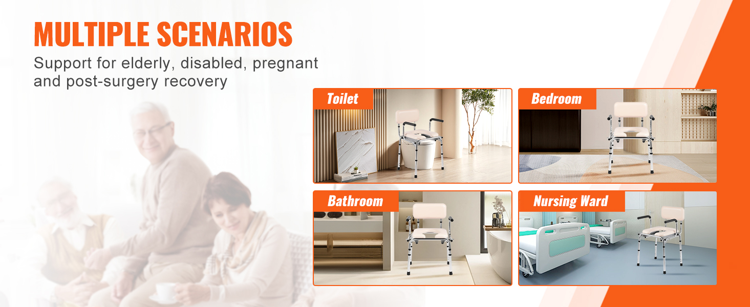 multiple scenarios show VEVOR commode chair use in toilet, bathroom, bedroom, and nursing ward.