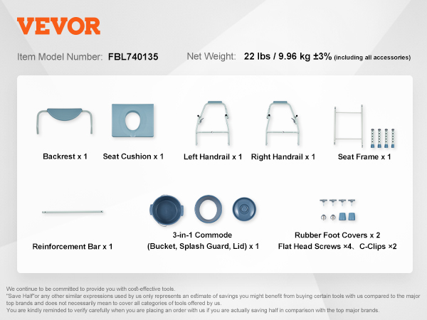 VEVOR commode chair, model fbl740135, 35.83" max height, includes seat cushion, handrails, and accessories.