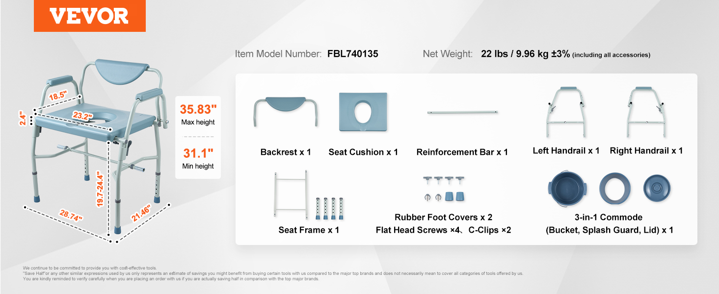 VEVOR commode chair, model fbl740135, 35.83" max height, includes seat cushion, handrails, and accessories.