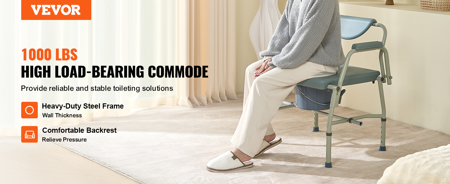 VEVOR commode chair with heavy-duty steel frame, comfortable backrest, and 1000 lbs load capacity.