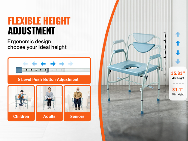 VEVOR commode chair with flexible height adjustment, suited for children, adults, and seniors
