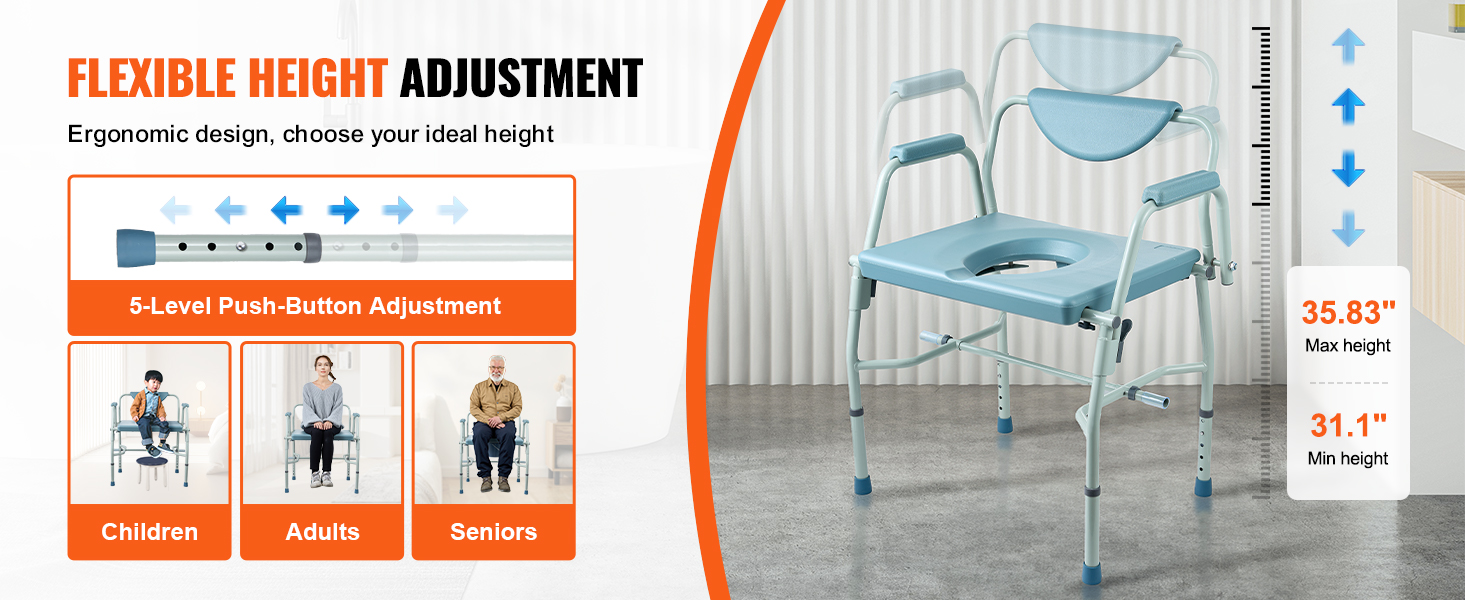 VEVOR commode chair with flexible height adjustment, suited for children, adults, and seniors