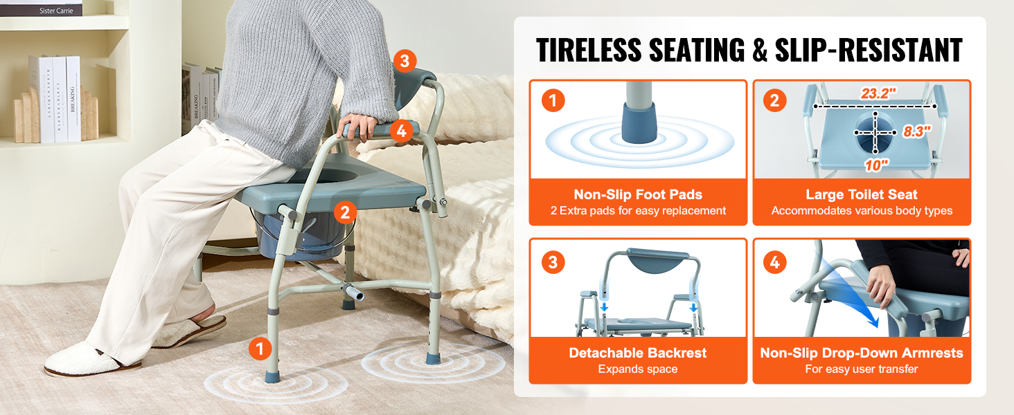 VEVOR commode chair offers non-slip foot pads, large toilet seat, detachable backrest, and drop-down armrests.