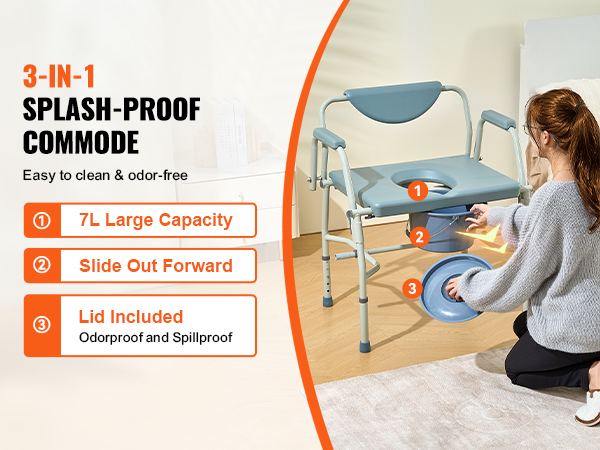 VEVOR commode chair: splash-proof, 7l capacity, slides out forward, includes odorproof and spillproof lid.