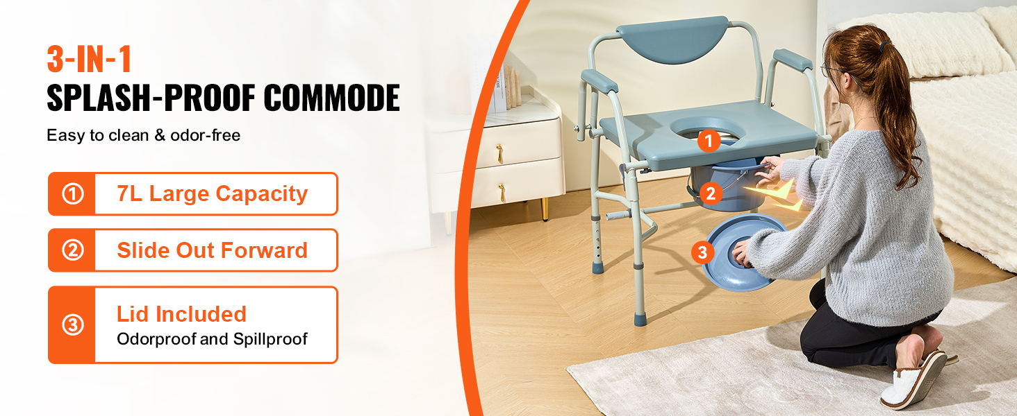 VEVOR commode chair: splash-proof, 7l capacity, slides out forward, includes odorproof and spillproof lid.