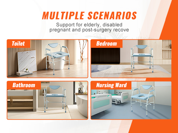 VEVOR commode chair for elderly, disabled, pregnant, and post-surgery recovery in multiple scenarios.
