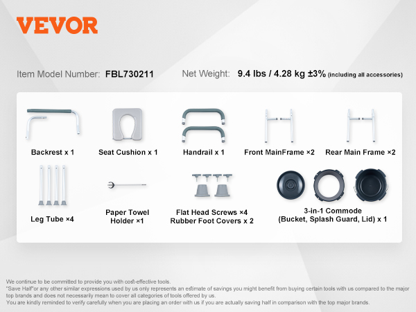 VEVOR commode chair parts and dimensions diagram, including seat, legs, and accessories.