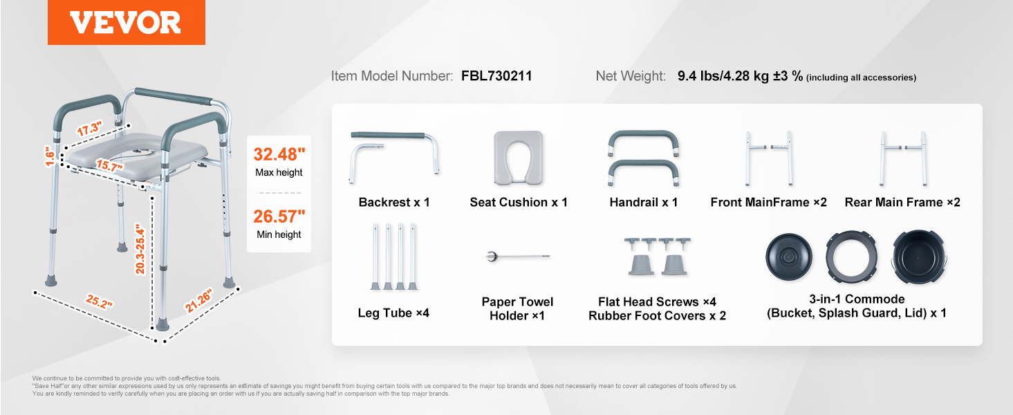 VEVOR commode chair parts and dimensions diagram, including seat, legs, and accessories.