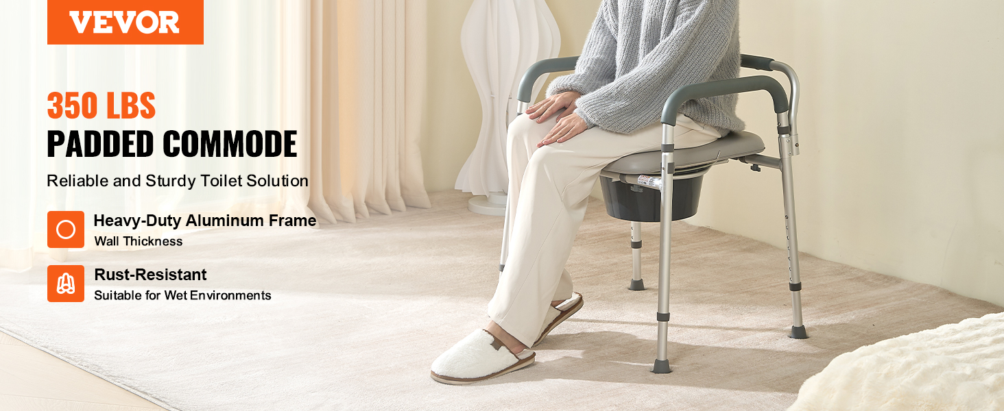 VEVOR commode chair with heavy-duty aluminum frame, supports 350 lbs, rust-resistant, padded seat.