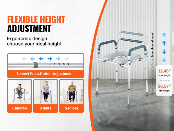 adjustable VEVOR commode chair for children, adults, seniors with 7-level push-button adjustment.