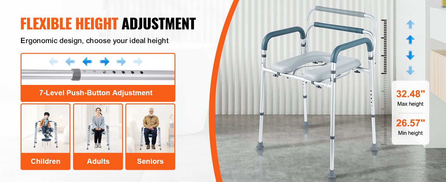 adjustable VEVOR commode chair for children, adults, seniors with 7-level push-button adjustment.