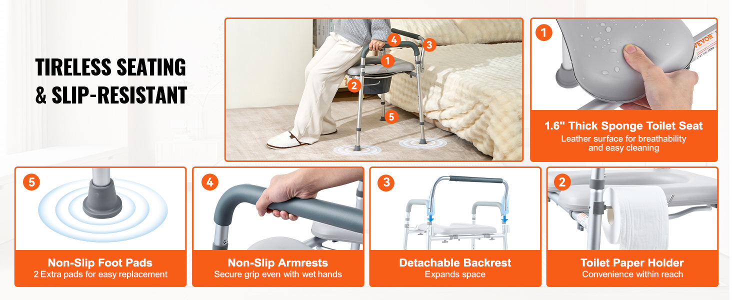 tireless seating with slip-resistant VEVOR commode chair featuring thick sponge seat, non-slip foot pads, and detachable backrest.