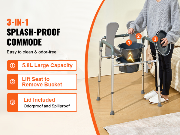 3-in-1 splash-proof VEVOR commode chair with 5.8l capacity, lift seat, and lid for odor and spill-proof use.