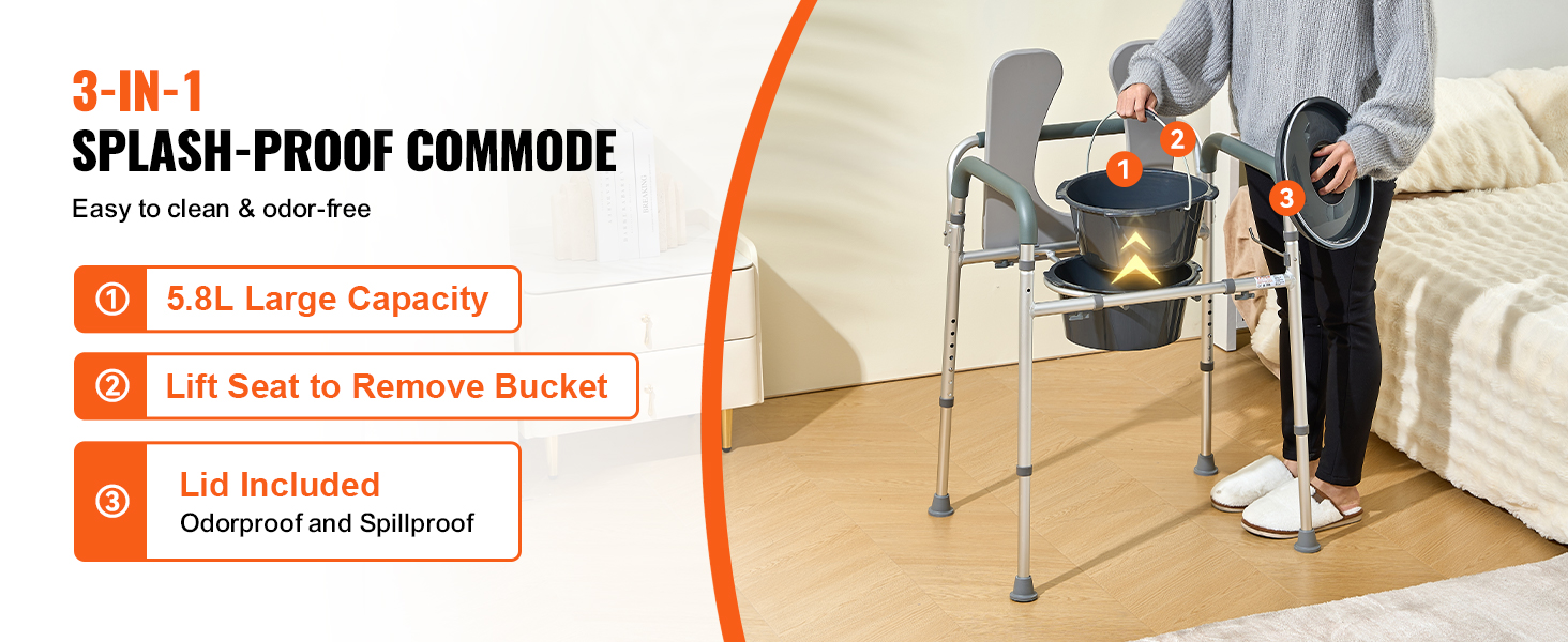 3-in-1 splash-proof VEVOR commode chair with 5.8l capacity, lift seat, and lid for odor and spill-proof use.