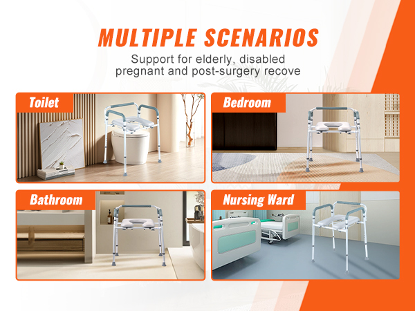 multiple scenarios for VEVOR commode chair use: toilet, bedroom, bathroom, and nursing ward.