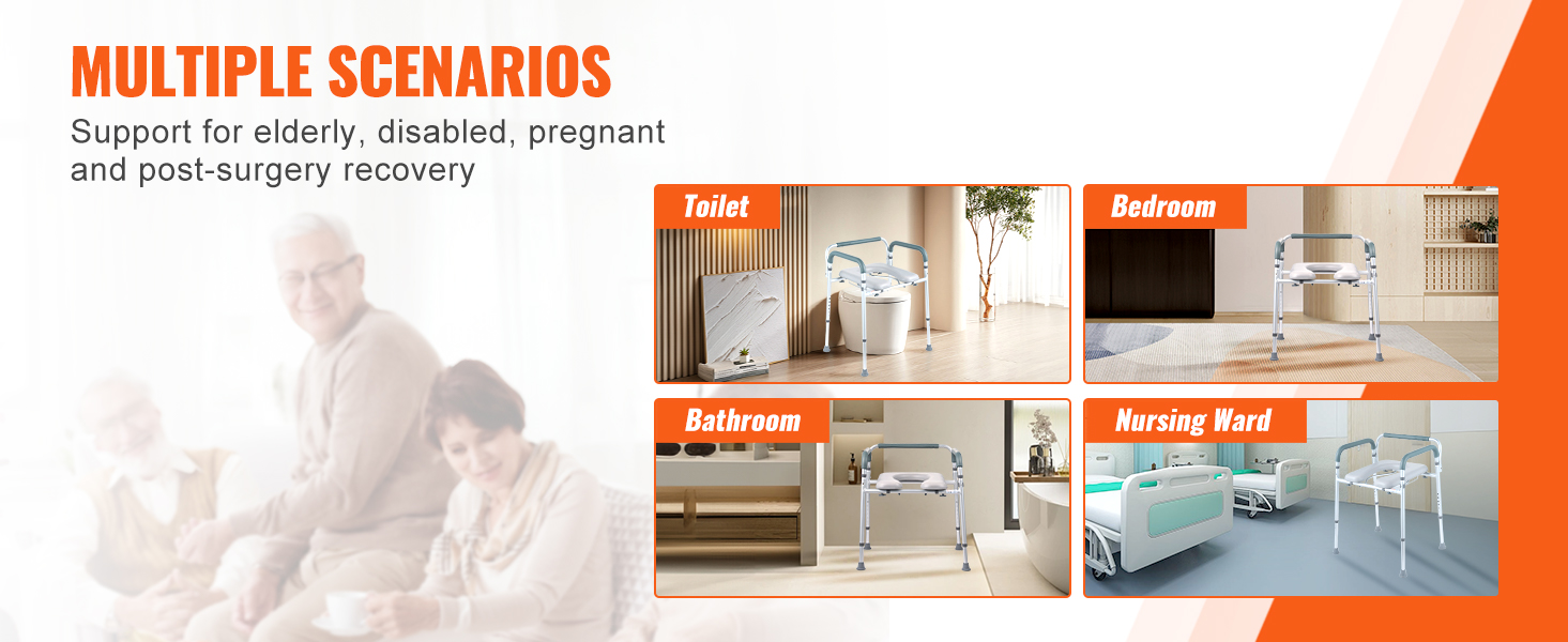 multiple scenarios for VEVOR commode chair use: toilet, bedroom, bathroom, and nursing ward.
