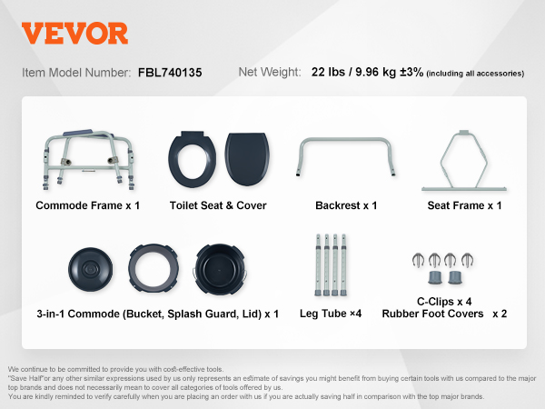 VEVOR commode chair fbl710007, dimensions, parts list, and accessories including seat cover and leg tubes.