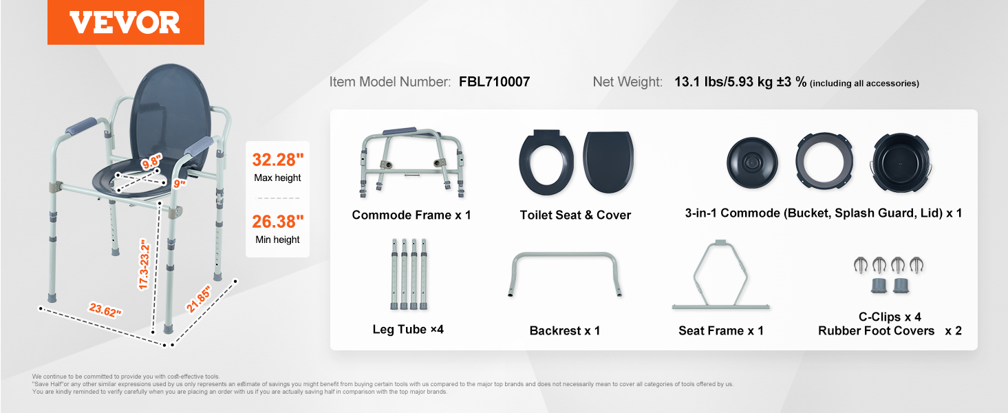 VEVOR commode chair fbl710007, dimensions, parts list, and accessories including seat cover and leg tubes.