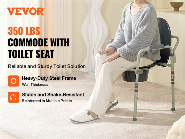 VEVOR commode chair with toilet seat, supports 350 lbs, heavy-duty steel frame, stable and shake-resistant.