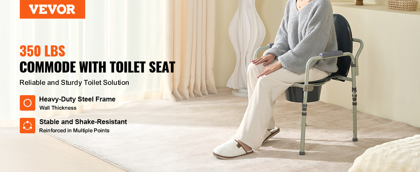 VEVOR commode chair with toilet seat, supports 350 lbs, heavy-duty steel frame, stable and shake-resistant.