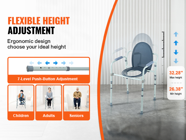 VEVOR commode chair with 7-level push-button adjustment, accommodating children, adults, and seniors.