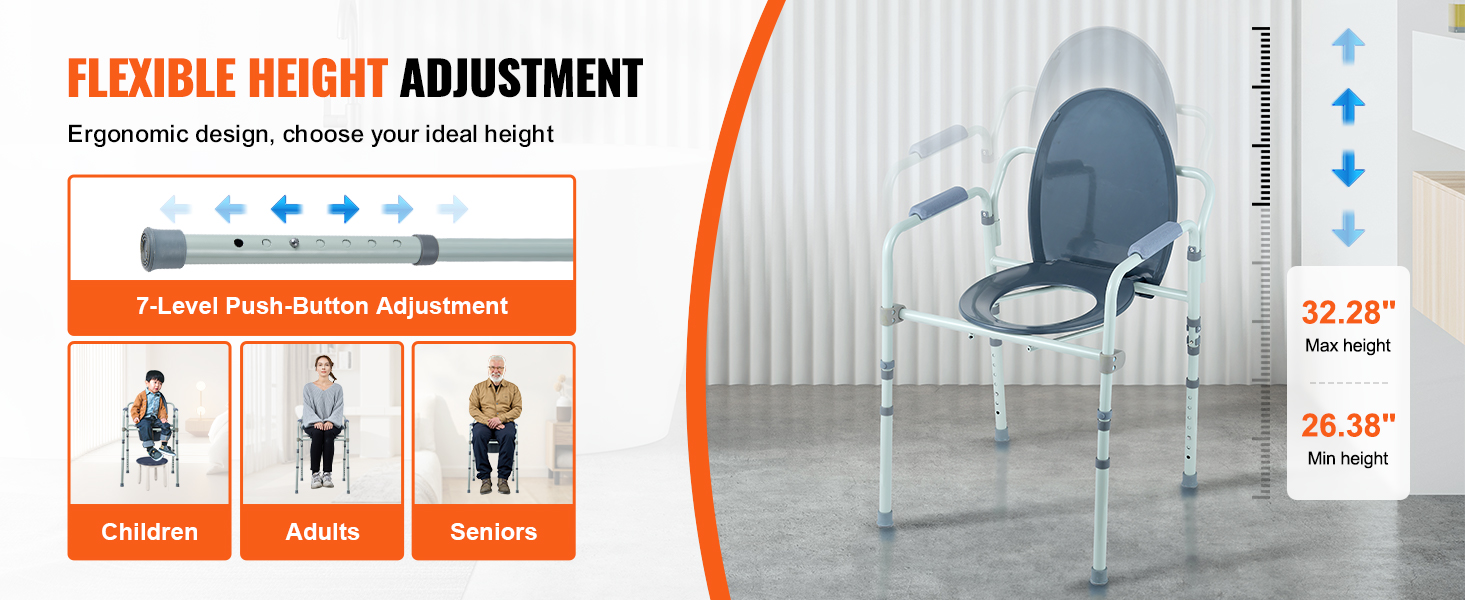 VEVOR commode chair with 7-level push-button adjustment, accommodating children, adults, and seniors.