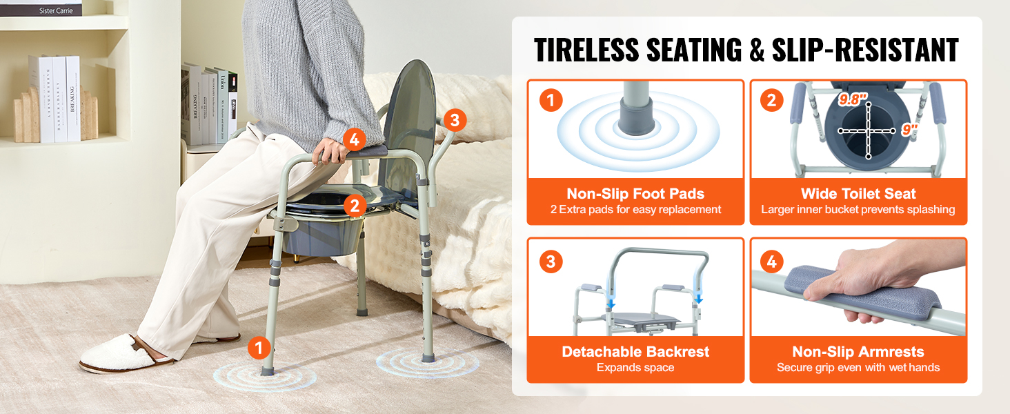 person sitting on a VEVOR commode chair with non-slip foot pads, wide toilet seat, detachable backrest, and non-slip armrests.