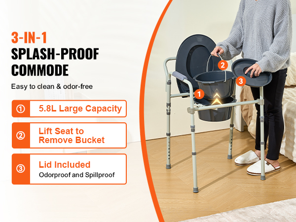 3-in-1 VEVOR commode chair with 5.8l capacity, lift seat, and odorproof spillproof lid.