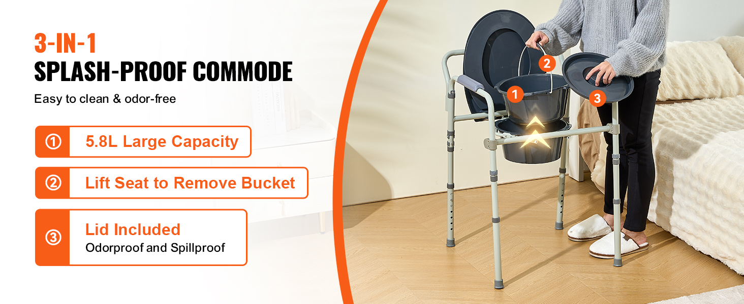 3-in-1 VEVOR commode chair with 5.8l capacity, lift seat, and odorproof spillproof lid.