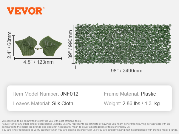 VEVOR ivy privacy fence with silk cloth leaves, plastic frame; dimensions: 98" x 39", weight: 2.86 lbs.