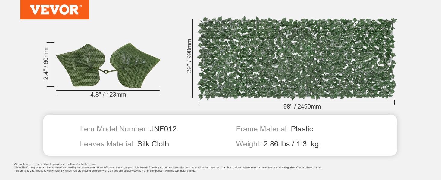 VEVOR ivy privacy fence with silk cloth leaves, plastic frame; dimensions: 98" x 39", weight: 2.86 lbs.